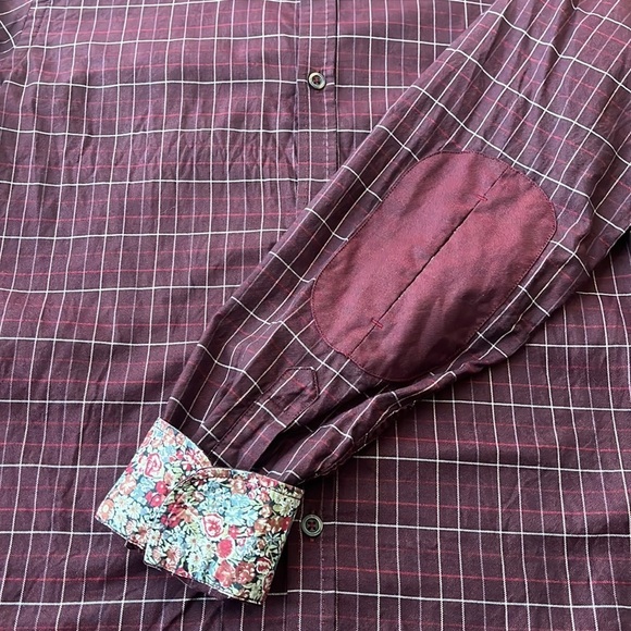 Ted Baker Button Down Shirt Elbows Patch Burgundy Plaid - Picture 4 of 13